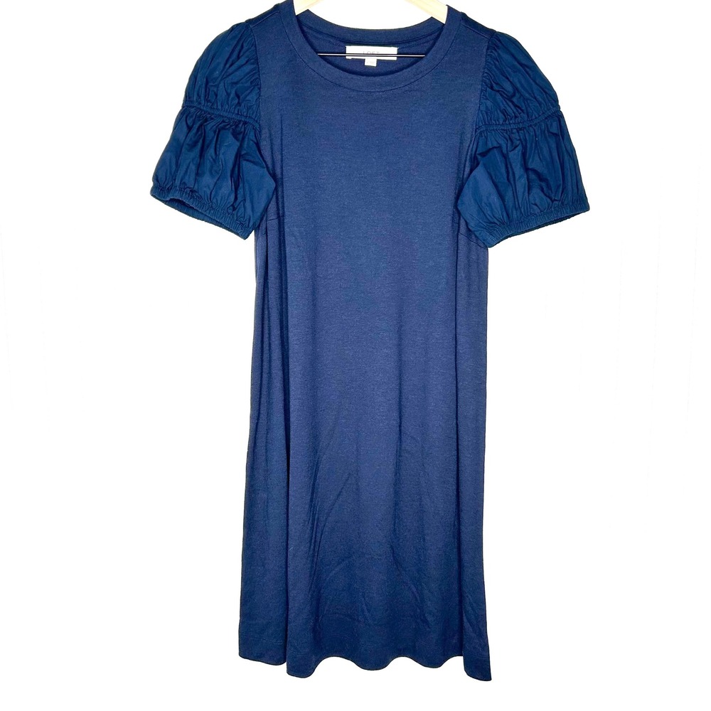 LOFT Womens Shift Dress M Navy Blue Mixed Media Puff Sleeve Knit Workwear